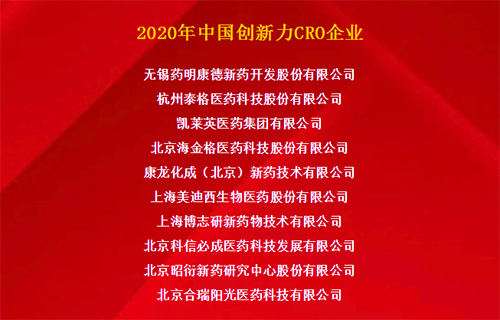 HJC黄金城平台荣获“2020年中国创新力CRO企业”